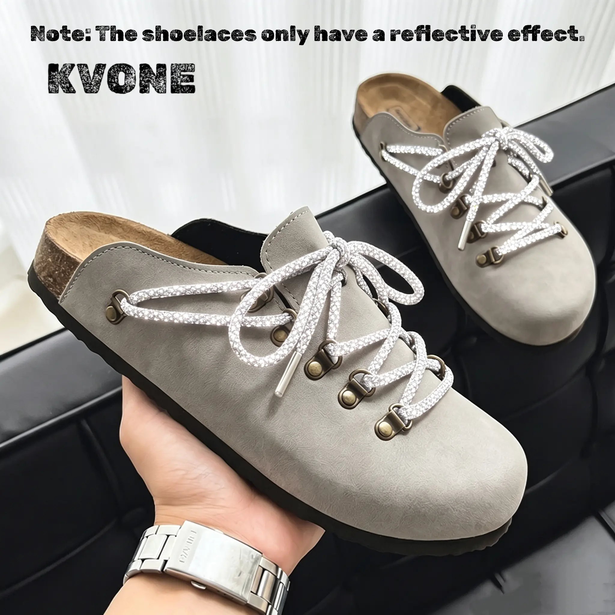 KVONE Unisex Mules Clogs, Chic Party Ready Footwear with Arch Support Cork Insoles, Cushioned Wide Fit & Starry Reflective Laces
