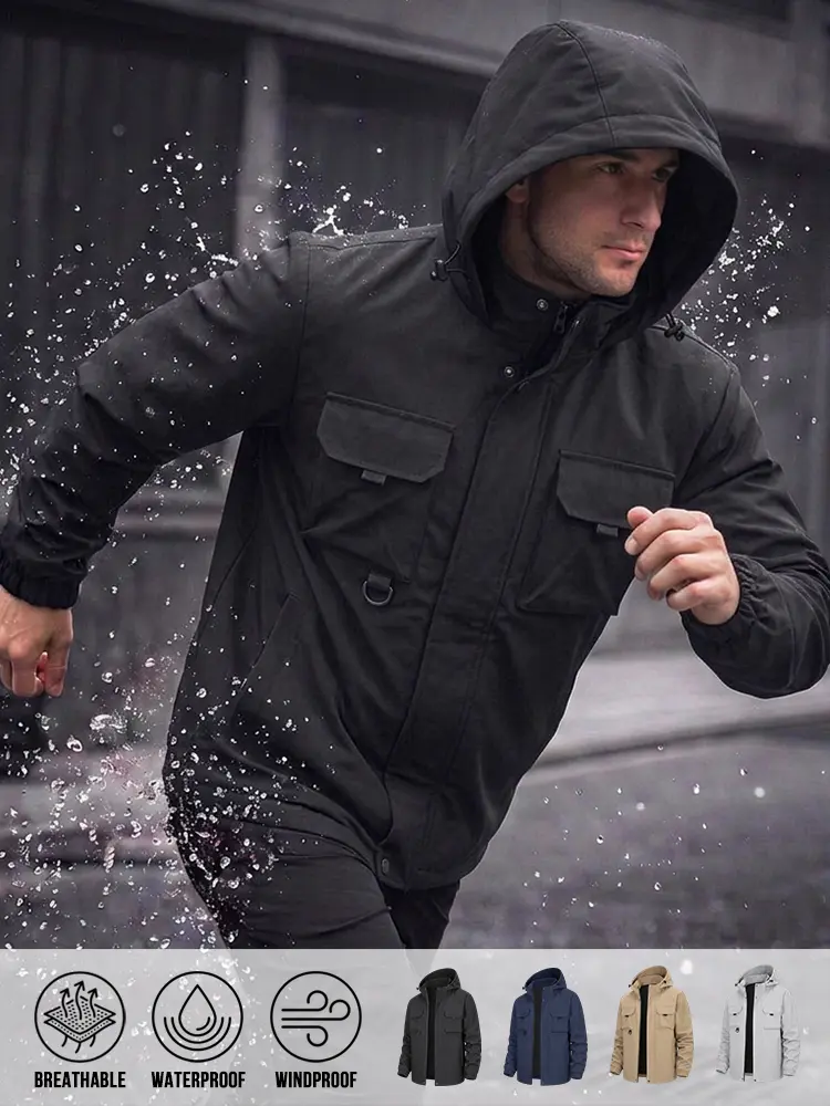 Functional Men’s Tactical Hooded Windbreaker light rain blocking capability, adjustable hood opening size, elastic wrist cuffs to prevent cold wind, clean no-decoration silhouette for self-driving travel and daily commuting