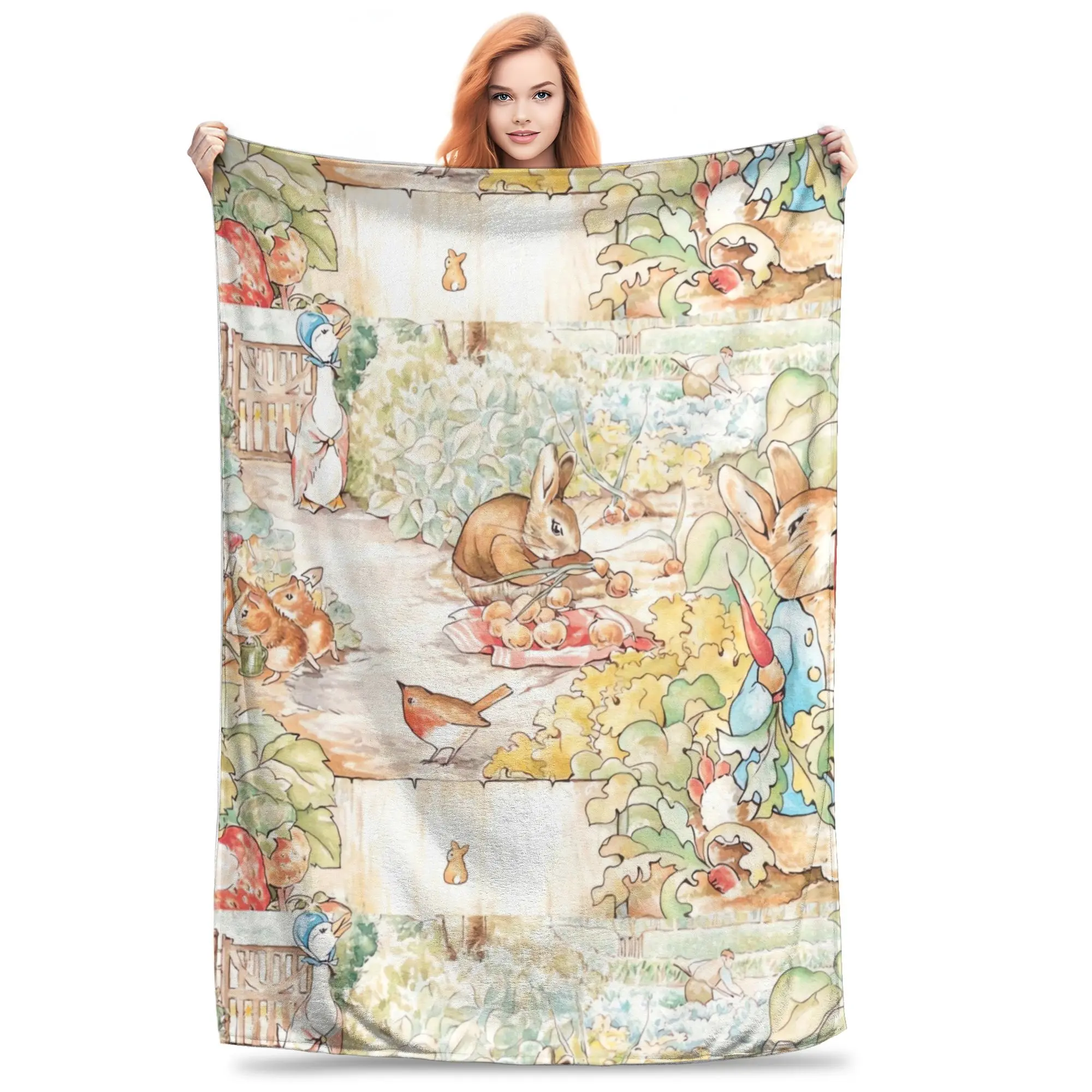 Beatrix Potter Vintage 100% Polyester Flannel Blanket - Adult, Wrinkle-Resistant, Breathable, Cooling, All-Seasons, Large, Soft, Durable, Fade-Resistant, Tufted Weave Illustrative Print, Peter Rabbit Characters, Sofa Bedroom Bedspread