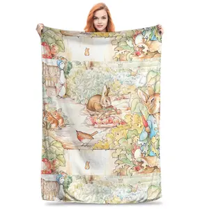 A vintage blanket from the world of Beatrice Potter - Large, soft flannel, featuring Peter Rabbit, Jemima Paddle Duck, and Mrs. Tigger Winkler - A comfortable all-season bedspread suitable for the sofa, living room, and bedroom - Adorned with illustration