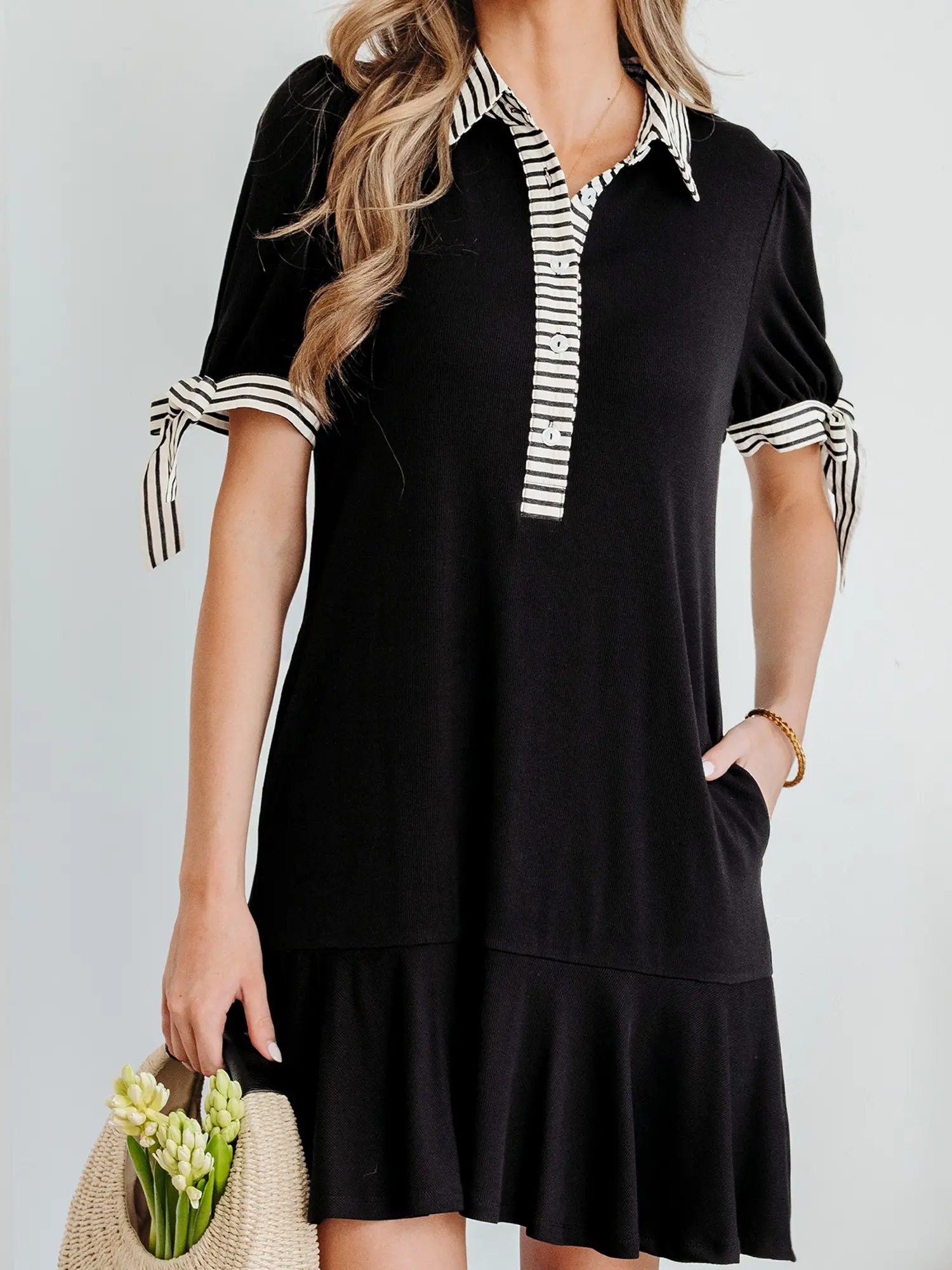 Women's Black Striped Collared Shortsleeve Casual Dress - Elastane, Moisture-Wick, Adjustable Half-Button Placket, Tied Cuffs, Shift Mini Silhouette, Casual Wear, Athleisure, Viscose-Elastane, Collared Neck Casual Dresses
