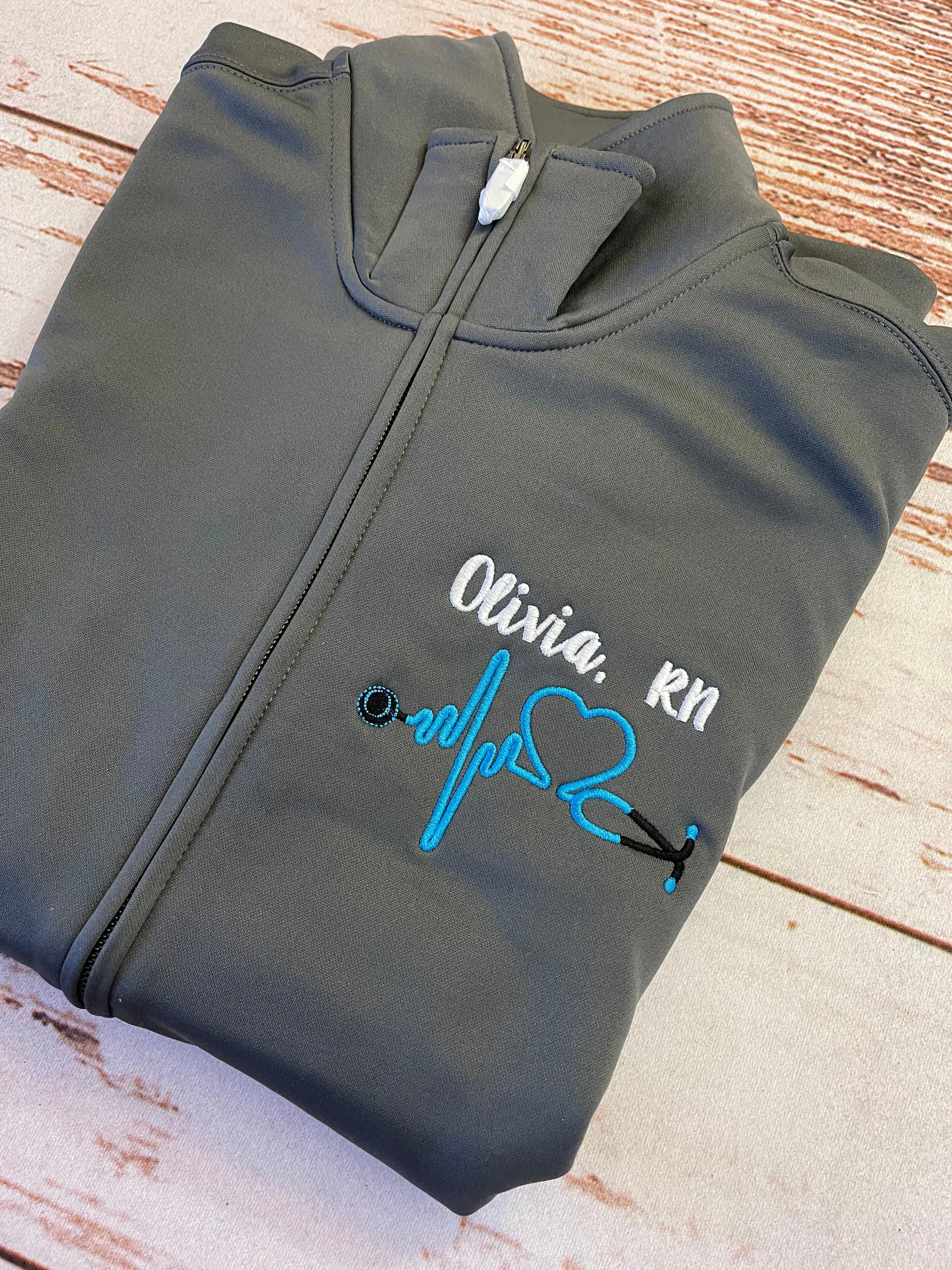 Personalized Nurse Full Zippered Jacket Sweatshirt | Personalized Nurse Polyester Jacket|Personalized Ladies Nurse/Doctor Heart Steth