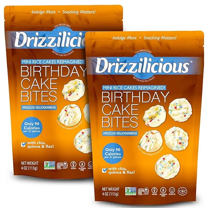 Drizzilicious Birthday Cake Mini Rice Cakes - Gluten-Free, Vegan, Crunchy & Healthy Snack, 90 Calories per Serving, 4 oz (Pack of 2)
