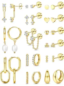 14K Gold Plated Earrings Women Hypoallergenic Cartilage Earrings Set for Multiple Piercing Trendy Huggie Hoop Earring Lightweight Earring Stacks Small Cute Pearl CZ Stud Hoop Gold/Silver Tone