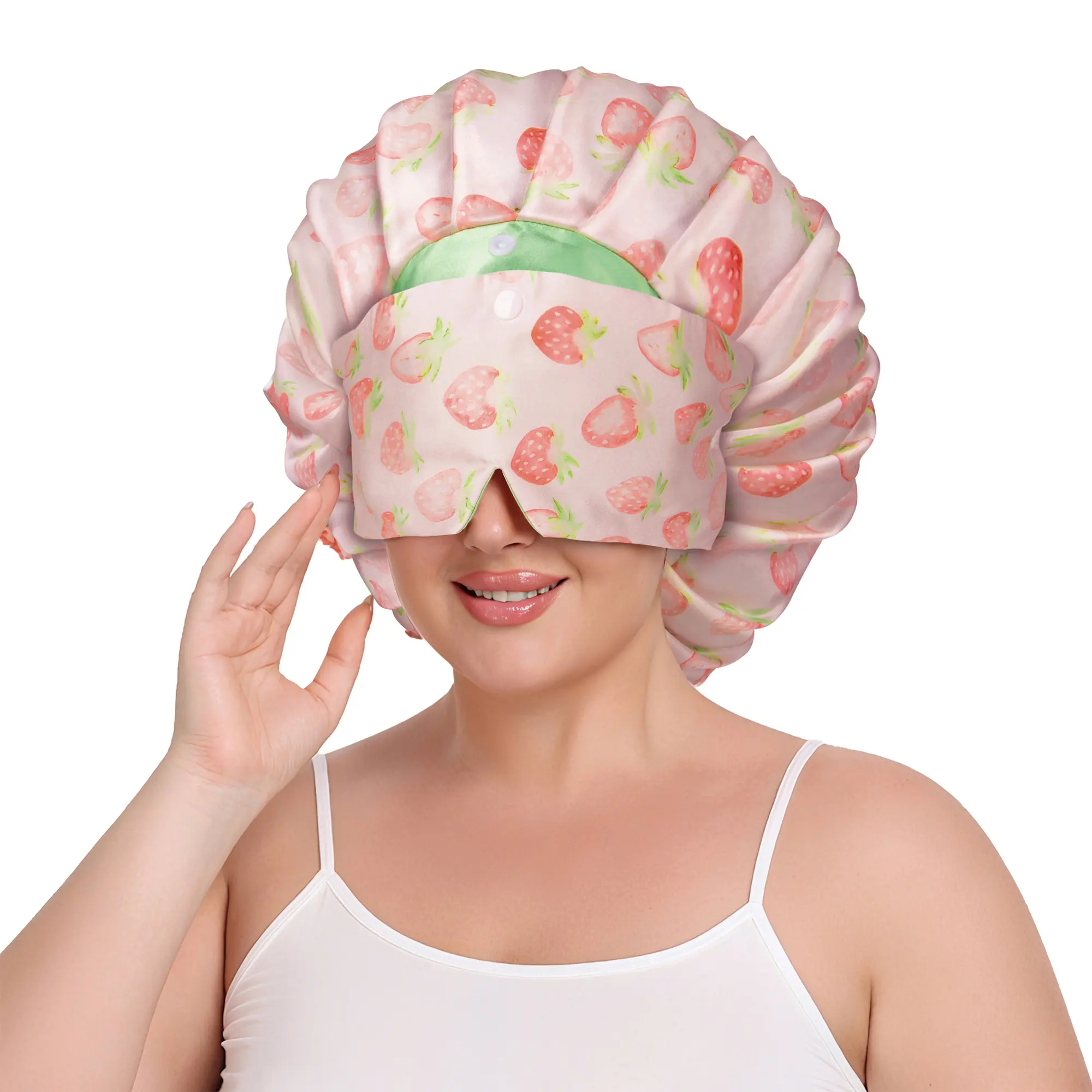 SeSe Code Pleated Satin Sleep Bonnet with Detachable Eye Mask Adjustable Strap for Hair Protection