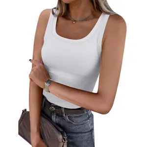 Womens Sleeveless Scoop Neck Tank  Ribbed Fitted Summer Basic Slim Cute  2026 Casual Minimalist Crop  Outdoor Skinny Camisole Rayon Elastane Blend - Womenswear tops low cut air Longline Strappy Gym