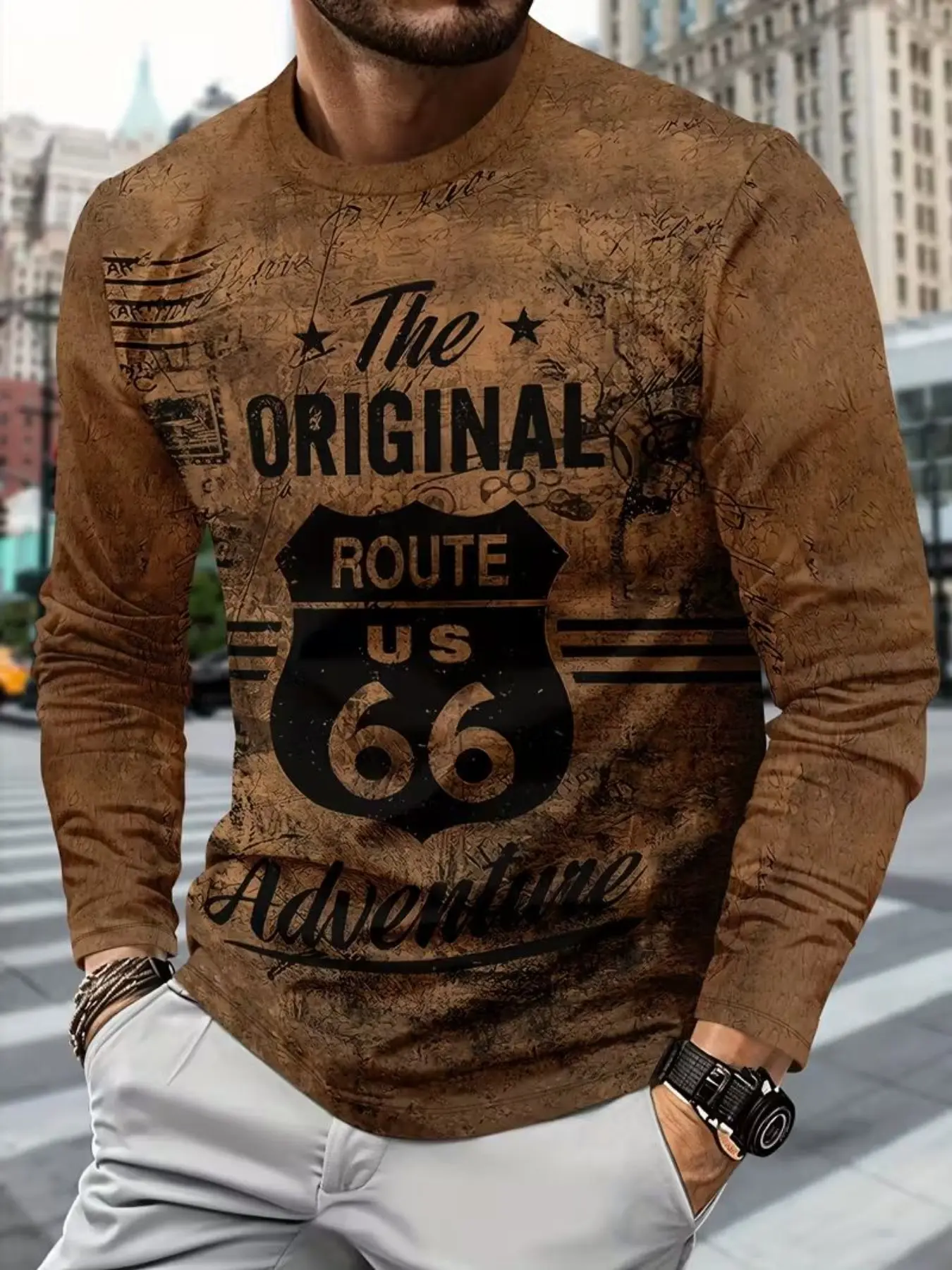 Men's Long Sleeve Round Neck Fitted Cut Pullover Sweater Crewneck, Road Pattern Graphic Letter Print, Casual Fashion Comfortable Sportswear for Summer Tops, Casual Streetwear Sweatshirt Casual Print Clothes