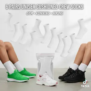 6 Pairs Cushioned Crew Socks – Unisex Cotton Athletic Socks for Gym, Running & Hiking