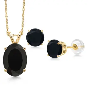 Gem Stone King 14K Yellow Gold Black Onyx Pendant Earrings Set for Women | 4.60 Cttw | Gemstone December Birthstone | Oval 11X9MM