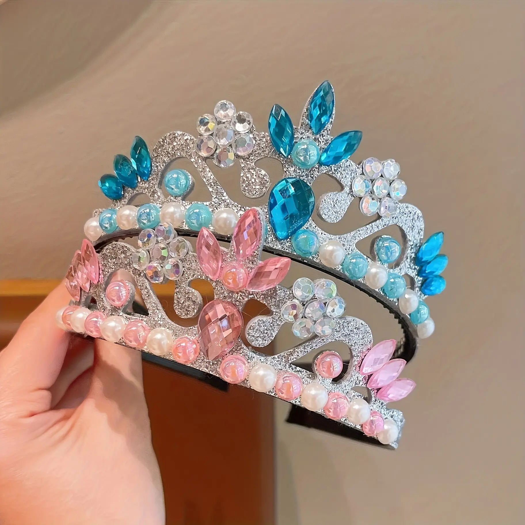2pcs Princess Crown Headband Fashion Party Hair Accessories, Bling Hair, Cute Water Diamond Headbands, Festival Gifts, Plastic Headbands with Water Diamonds and Pearls, Princess Fairy Style Headbands, Birthday Crown
