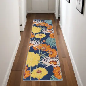 HomeRoots 564063 8 ft. Floral Power Loom Decorative Runner & Area Rug, Blue, Decorative Area Rug