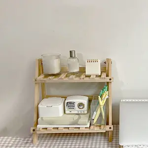 Foldable Wooden Shelf Organizer, Dual Layer Desktop Storage Rack, Trapezoidal Design for Dorm Room Desk, Photo Props Included