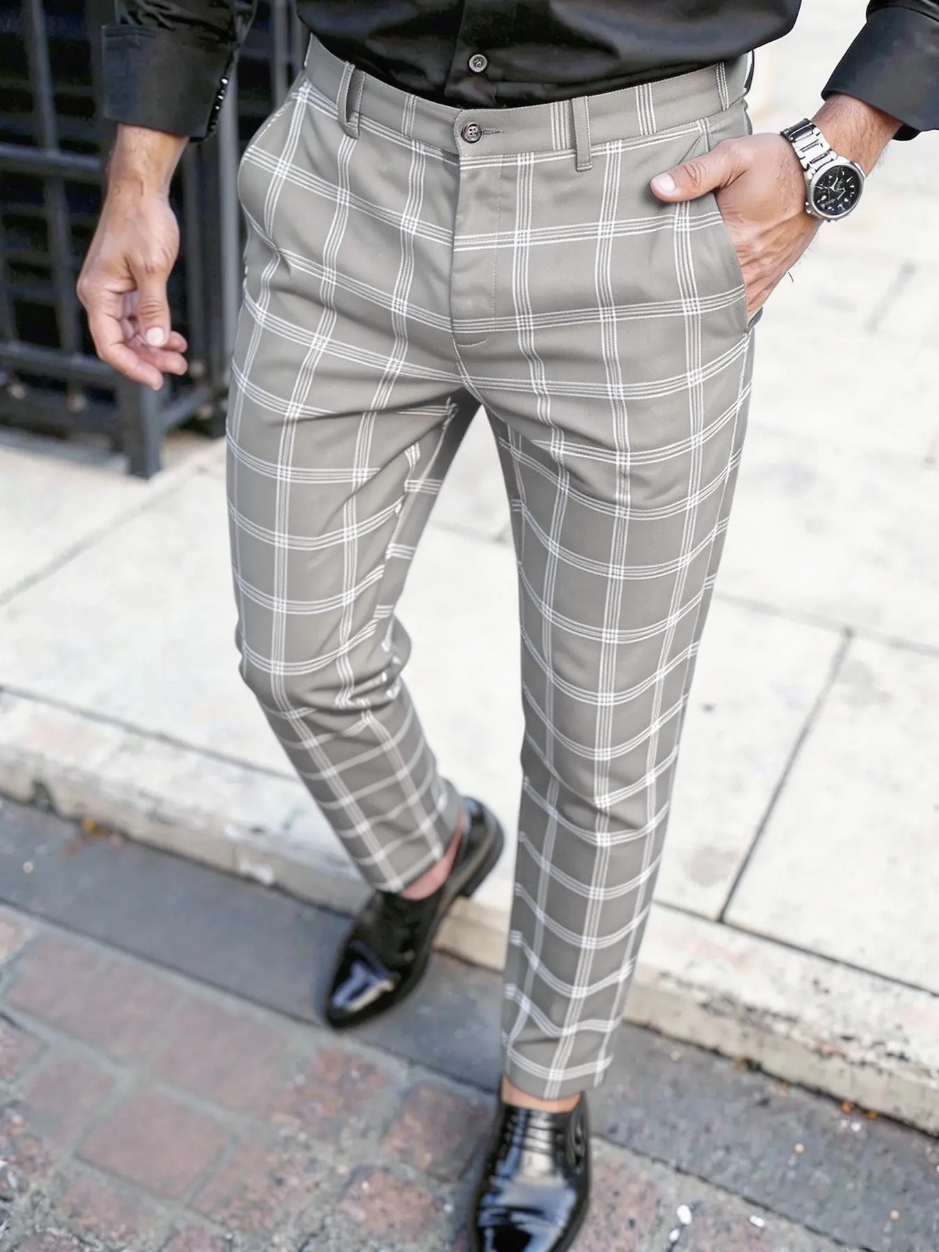 Men's Plaid Checked Business Suit Pants, Slim-Fit Long Pants, Classic, Wrinkle-Resistant, Button Fly, All Seasons, Comfortable for Work/dating/ Daily Wear, Classic Office Wear