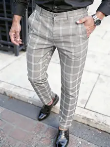 Men's Plaid Business Suit Pants, Slim-Fit Long Pants, Wrinkle-Resistant, Button Fly, All Seasons, Comfortable for Work/dating/ Daily Wear
