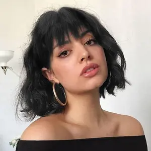 SummerVibes AISI HAIR Wigs for Women Short Wavy Bob Wig with Bangs for Women Synthetic Short Curly Wave Wigs Heat Resistant Fiber Hair Wigs for Daily Realistic Illusion Hairline