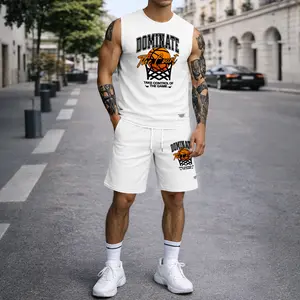 Men’s Basketball Graphic Print Summer Set Sleeveless Tank Top & Shorts Matching Outfit, “Dominate The Court” Letter Print with Hoop & Ball Design, Lightweight Casual Streetwear Athletic Set for Everyday & Workout