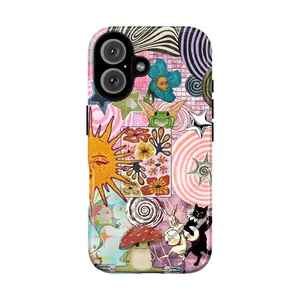 Whimsical Collage iPhone Case, Colorful Sun Mushroom Cat and Floral Phone Cover, Magical Fantasy Aesthetic Protective Case for iPhone 17 Pro Max 17 Air 17Pro 16 15 14 13 12 11 Pro Max and Samsung S21 S22 S23 S24 Ultra