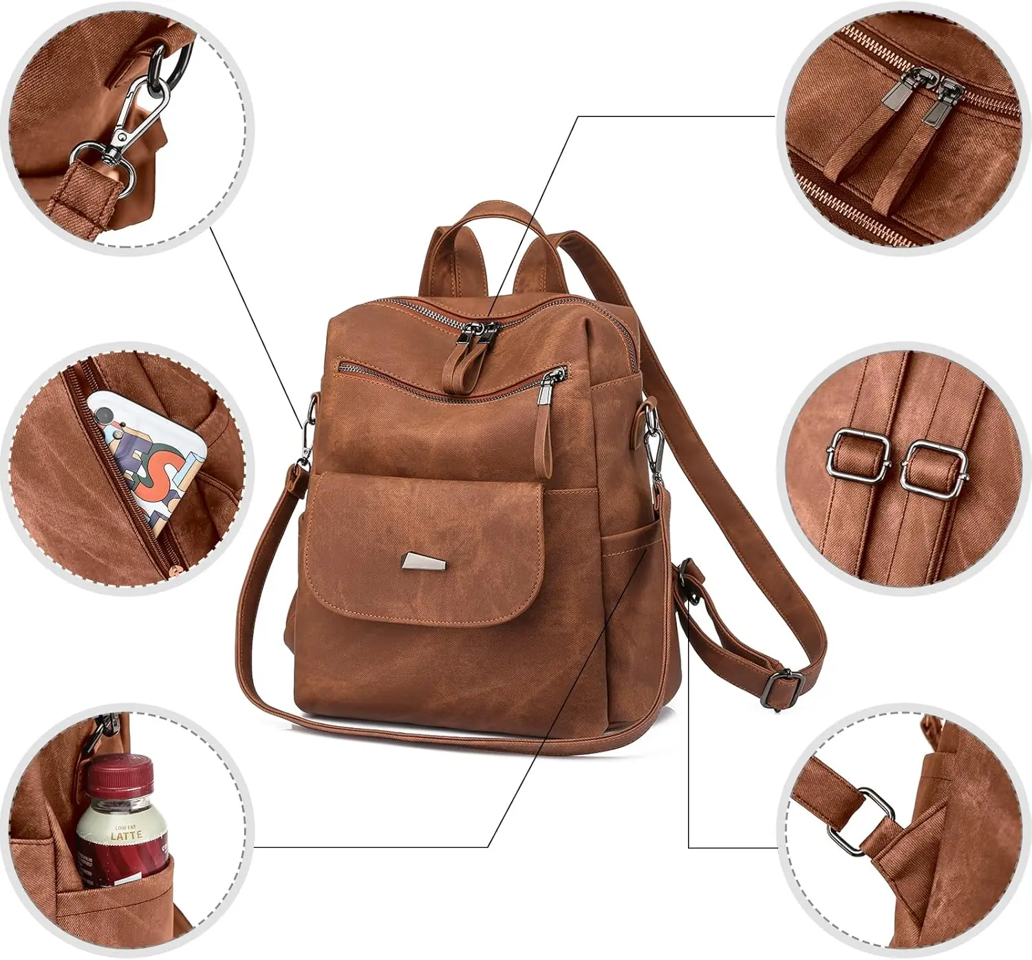 Women's Chic High-Capacity Fashionable PU Leather Anti-Theft Backpack - Durable, Multi-Function, Lightweight, Waterproof Caramel Shoulder Handbag