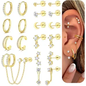 CASSIECA Women's Small Gold Earrings Set, 20G Hypoallergenic Surgical Steel, Dainty Stackable Flat Back Studs & Hoop Cartilage Earrings for Multiple Piercings Summervibes