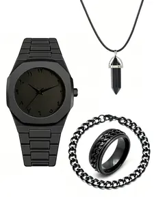 Men's Luxury Quartz Watch Set, Includes Bracelet, Ring, Necklace, Elegant Ethnic Fashion Accessory, Perfect Gift for Him, All Seasons