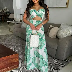 ChicMe Women's Tropical Plant Print Shirred Ruffle Dress Tie Front Cutout Mermaid Hem Long Dress/Seaside Vacation Sleeveless Skirt