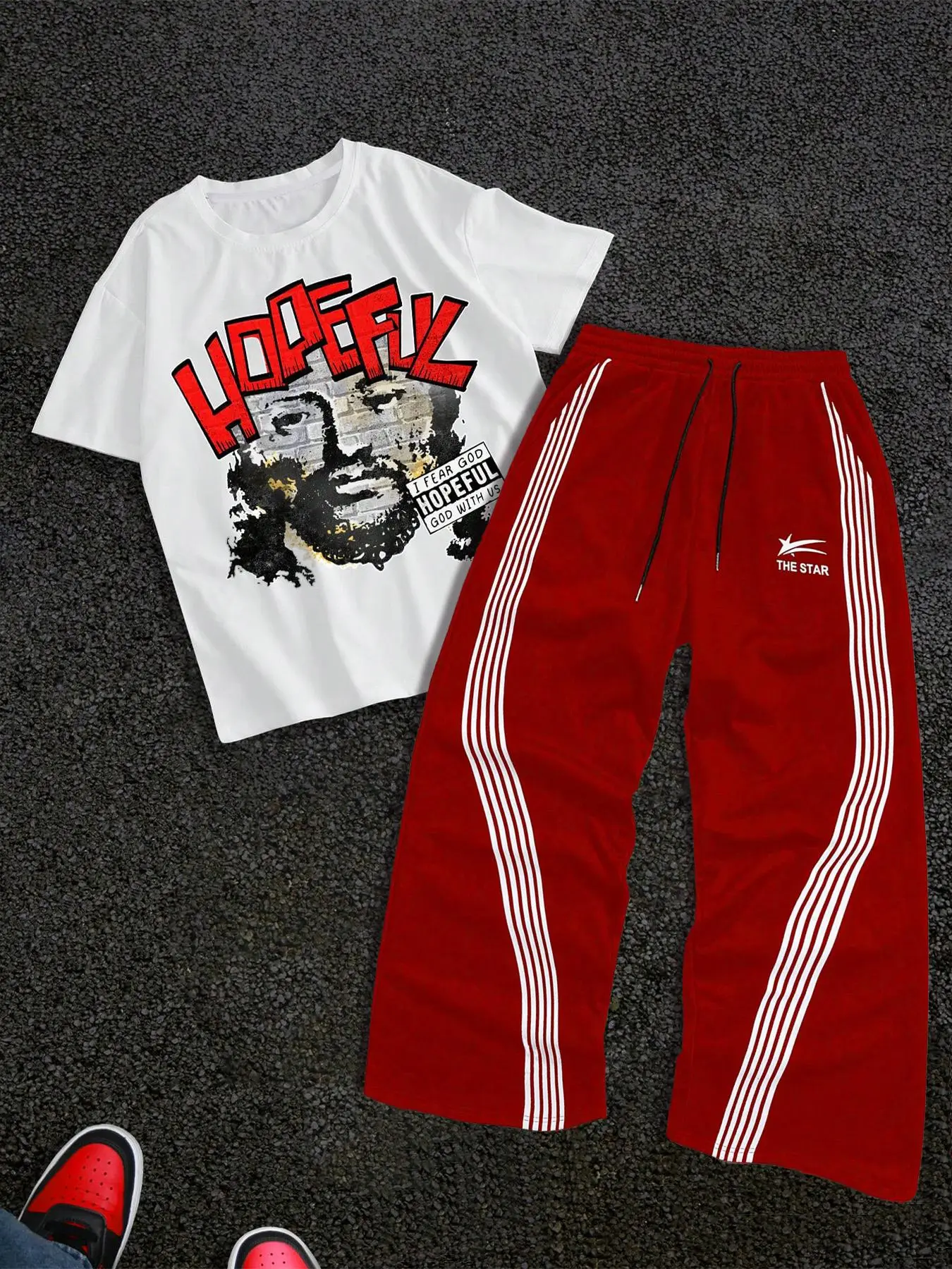 Men's Letter Print Short Sleeve Graphic Tee & Side Stripe Drawstring Waist Pants Two-piece Set, Regular Fit Round Neck T-shirt & Pocket Trousers, Casu