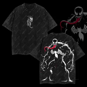 Superstyle Black Suit Spidey Symbiote Warrior MCU Comic Double Printed Oversize Lightweight Acid Washed Tee TV Series Graphic Top Cotton T-Shirt