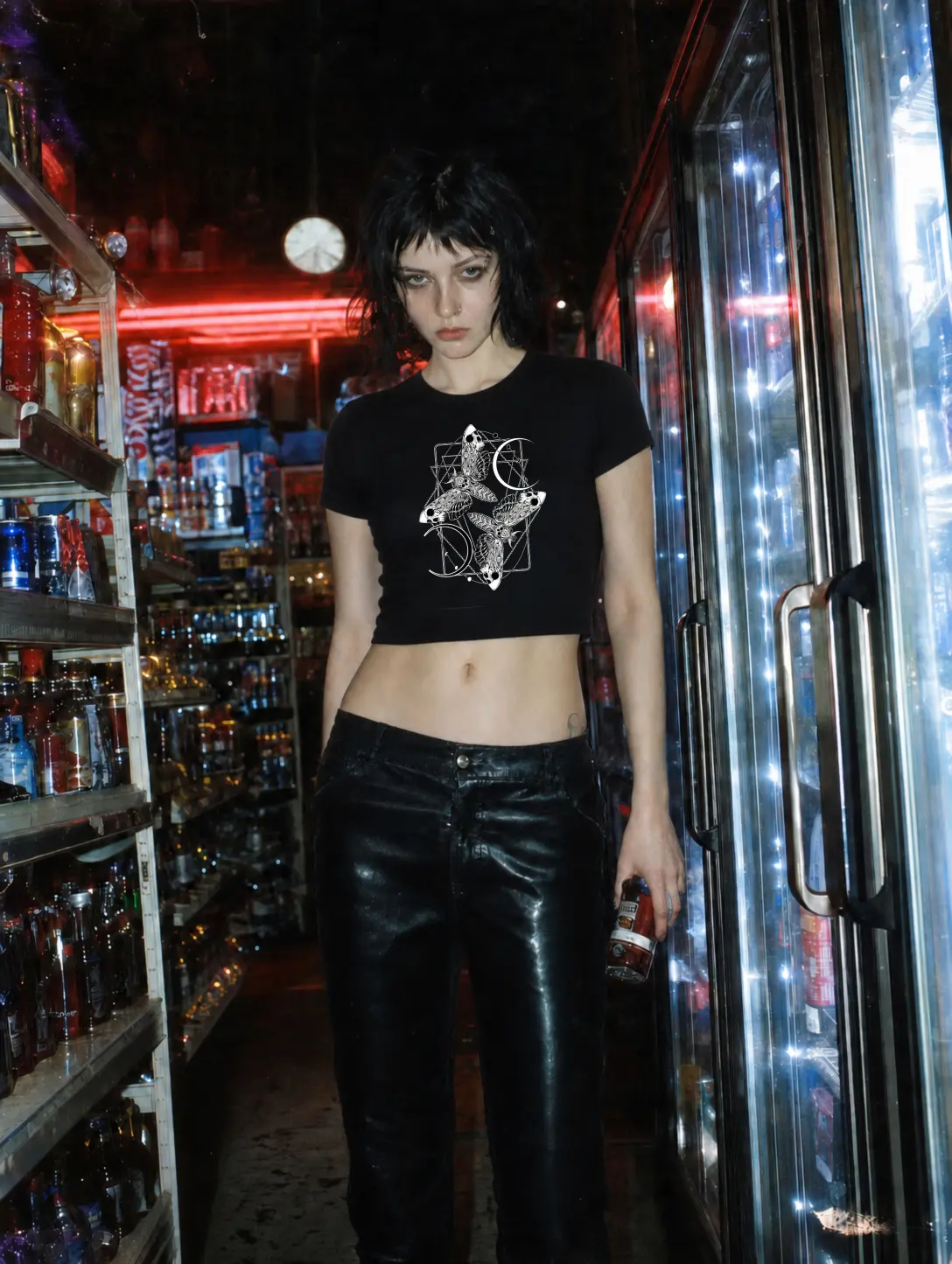 Women’s Gothic Lunar Moth Crop Top | Dark Aesthetic Graphic Tee | Y2K Slim Fit Alternative Streetwear Shirt
