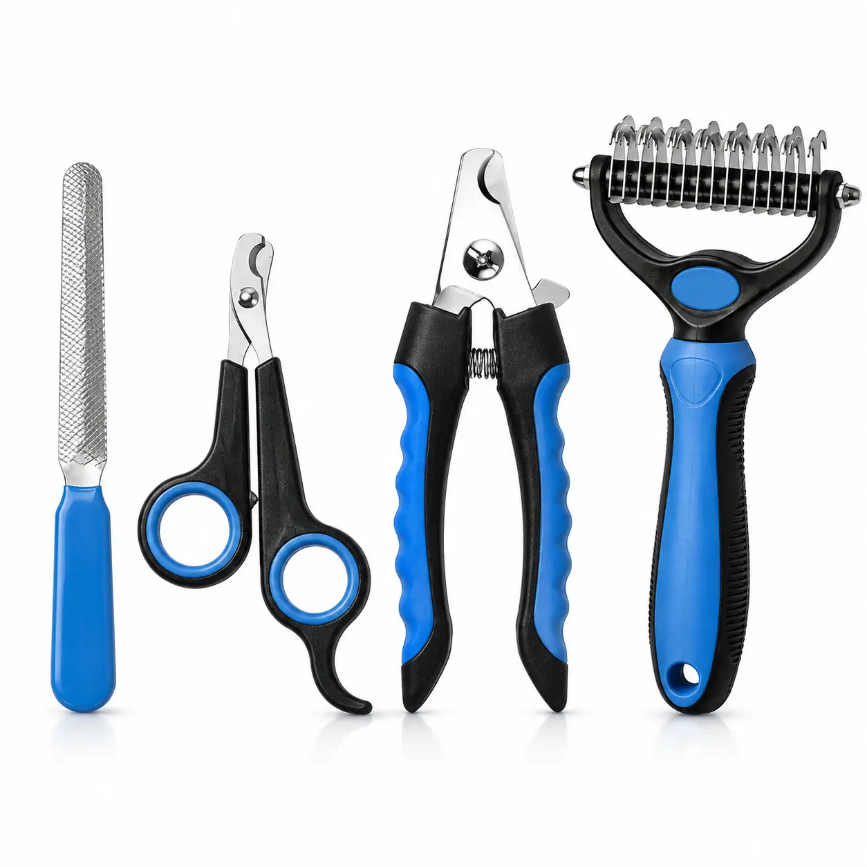 4-in-1 Pet Grooming Kit for Dogs & Cats, Double-Sided Detangling Brush with Stainless Steel Teeth, Nail Clippers, Grooming Scissors and Nail File