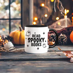 Read Spooky Books Coffee Cup, Bookish Halloween Mug, Ghost Reading Books, Cute Halloween Mugs for Book Lovers, Bookish Ghost Mug