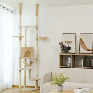 Floor to Ceiling Cat Tree Adjustable Cat Tower with Scratching Posts, Cozy Condo Perches & Hammock for Cats