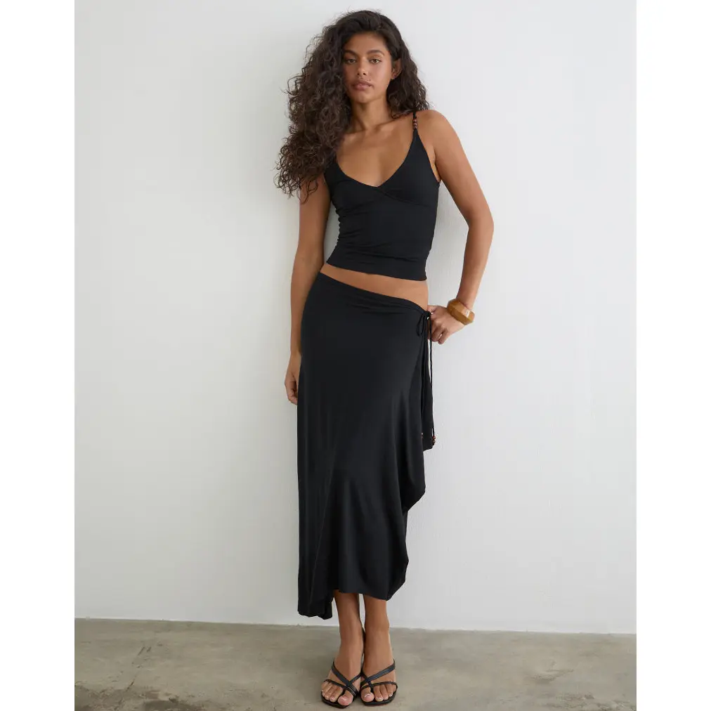 Motelrocks Phemia Women's Chic Asymmetric Maxi Skirt, Flowy Black Jersey with a Decorative Beaded Tie, Bottom