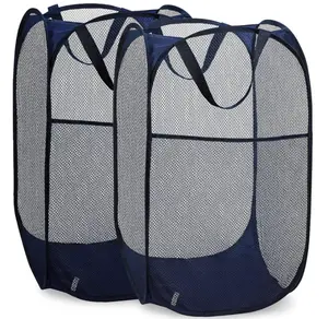 Handy Laundry Collapsible Mesh Pop Up Hamper with Wide Opening and Side Pocket - Breathable, Sturdy, Foldable, and Space-Saving Design for Clothes and Storage (Blue | 2-Pack)