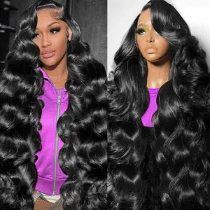 32 Inch Body Wave Lace Front Wigs Synthetic Blended Human Hair 200 Density 13x6 HD Lace Frontal Wigs Pre Plucked Glueless Wig with Baby Hair Body Wave Wigs for Women Natural Black