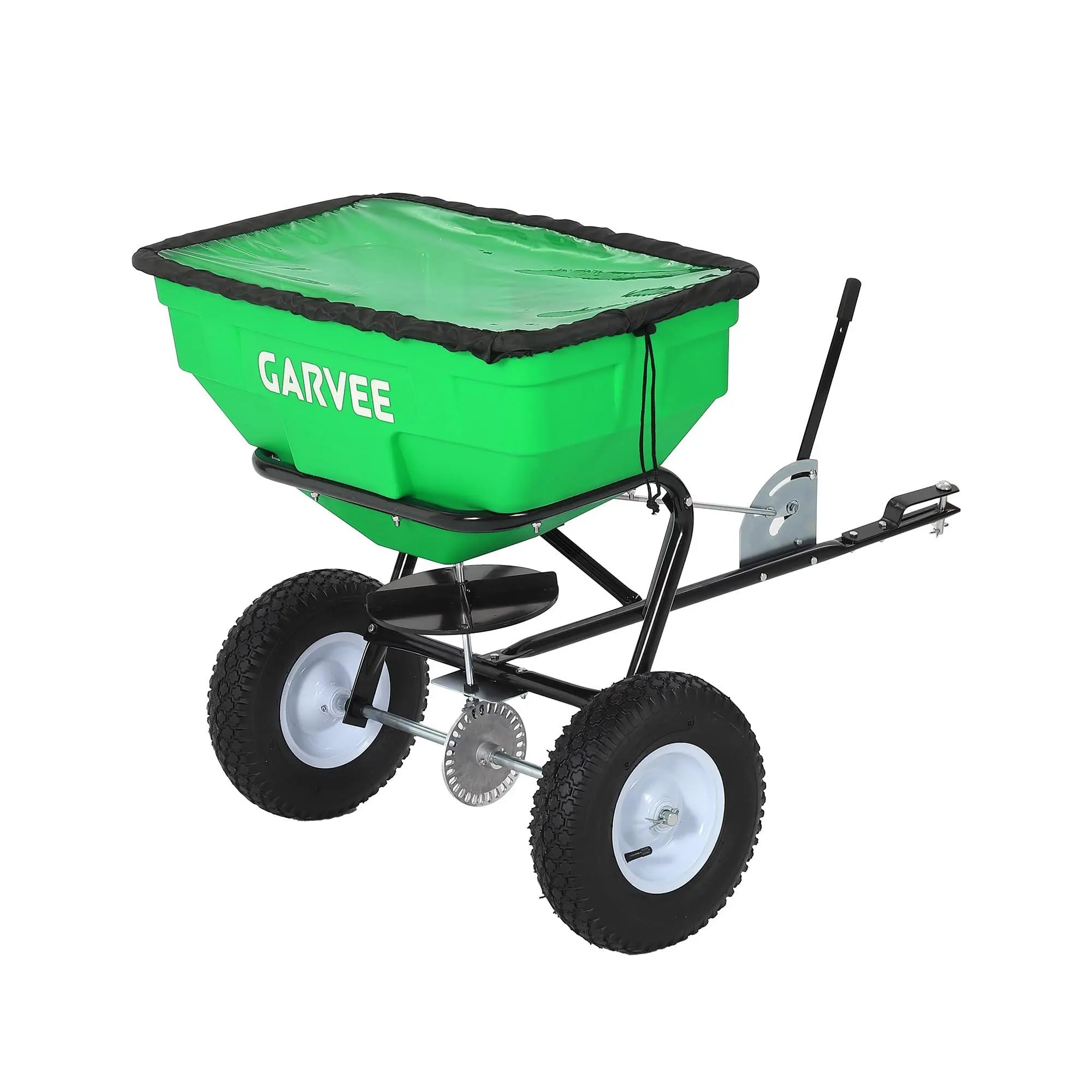 125 lb Tow-Behind Broadcast Spreader, Tow or Push Lawn Spreader with 9.8FT Spread Width, 30 Settings & Universal Hitch, Green