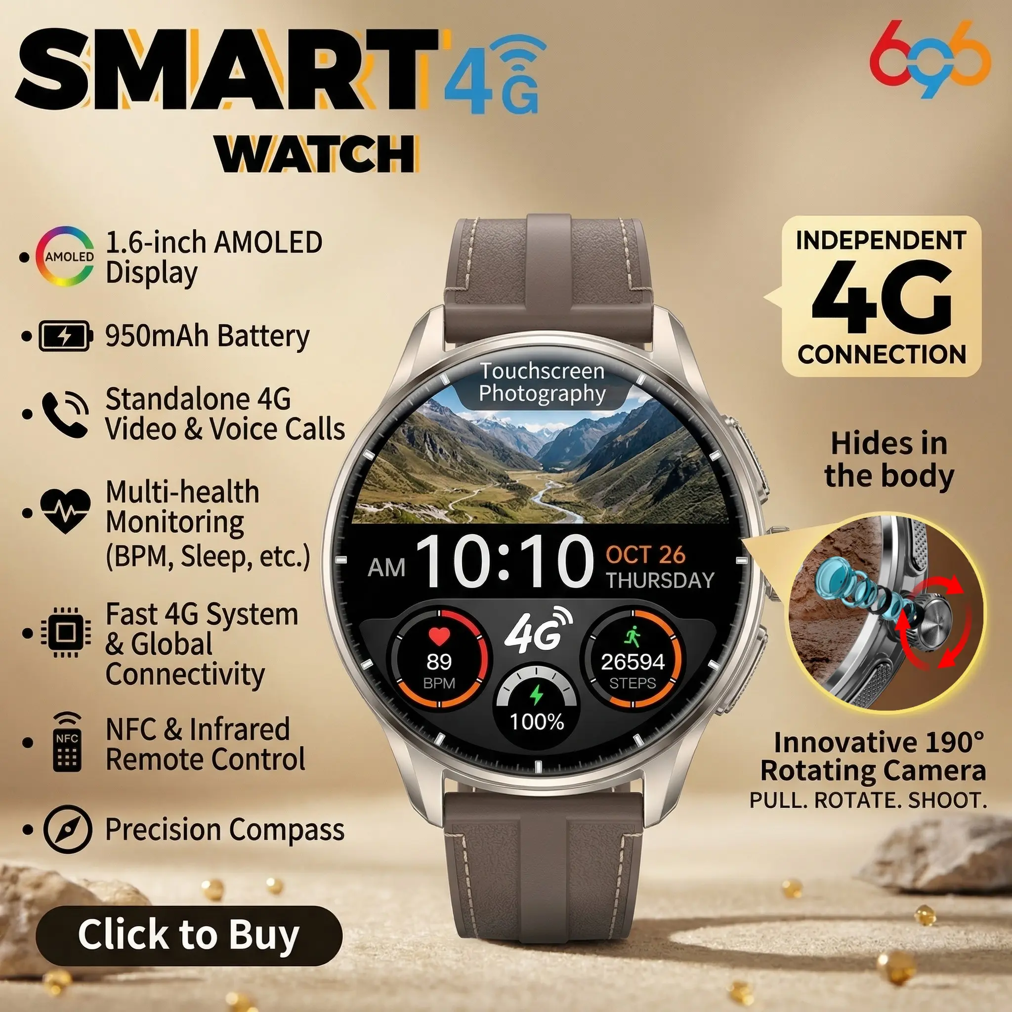 Smart Watch with Rotating Camera and 5G/4GSIM Card Support 1.8 Inch AMOLED Screen Independent Calling Full Netcom Bluetooth Infrared Remote Control Air Conditioner Beidou GPS Fitness Health Tracker Long Ba Multifunctional Smart Watch