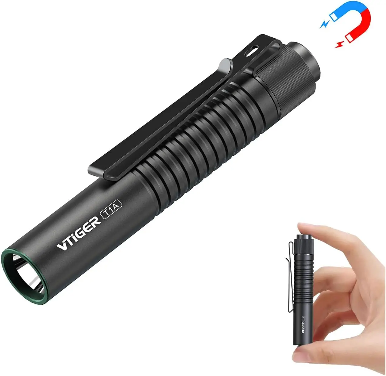 VTIR T1A Mini Pocket EDC High-Powered 920mAh AA Rechargeable LED Torch - 1300Lumens Compact Flashlight with Clip, Tail Switch, Magnetic Base, Batteries, 49-Hour Runtime for Outdoor Camping, Emergency Hands-Free Portable Lighting
