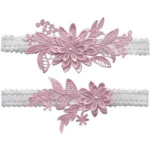 Wedding Garters for Bride Bridal Lace Garter Set Floral Leg Ring with Hand Sewn Faux Pearls