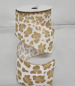 2.5"x10Y Elegant Metallic Ribbon White/Gold Cheetah