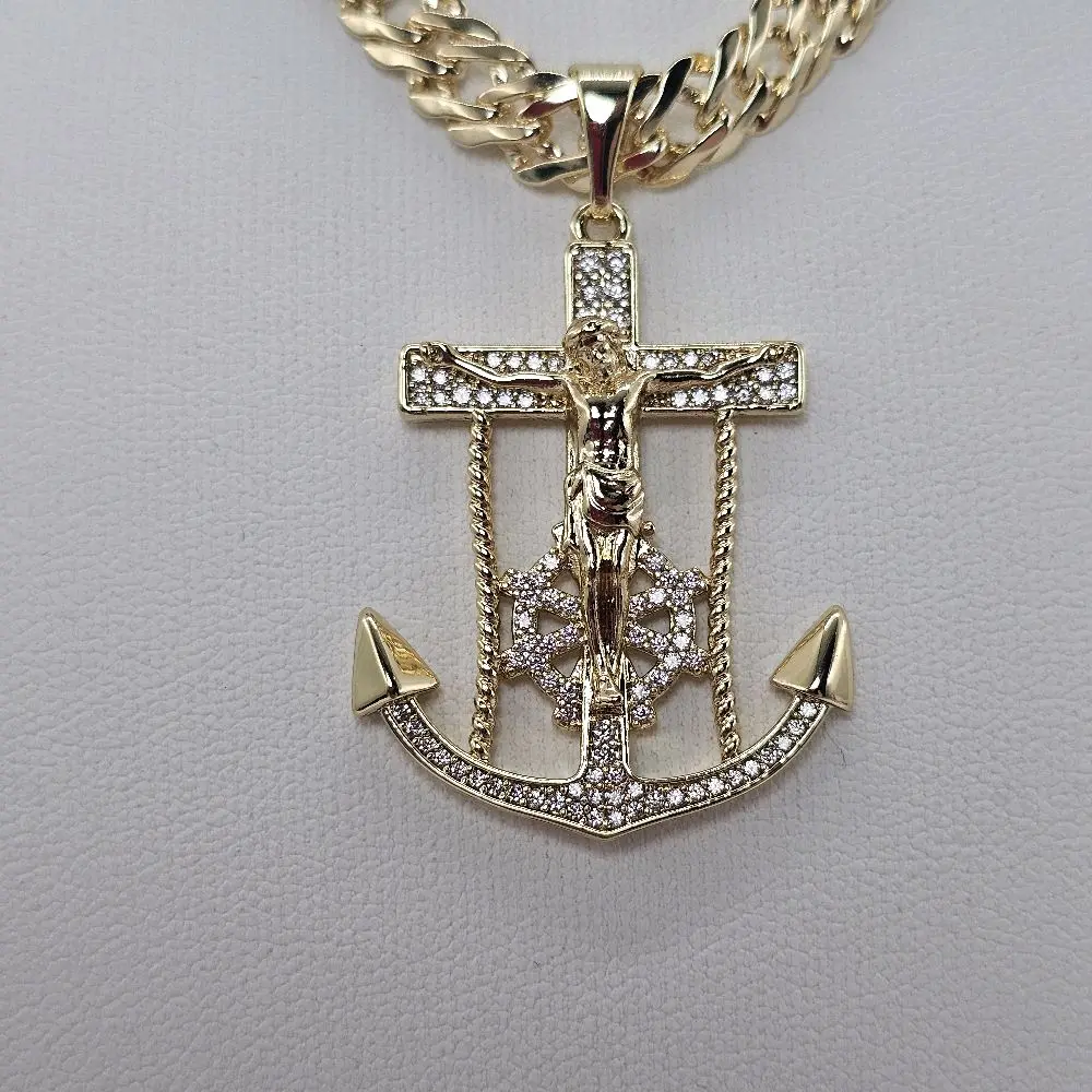 (88)Gold Anchor Cross Pendant Necklace with Rhinestones for Men Women Fashion Jewelry 24 inch chain