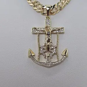 Gold Anchor Cross Pendant Necklace with Rhinestones for Men Women Fashion Jewelry 24 inch chain