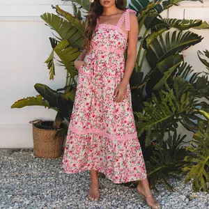 Pink Floral Lace Tied Strap Empire Waist Maxi Dress