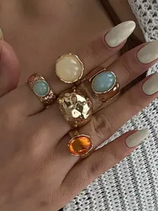 Women's Elegant Floral Ring Set, Vintage Geometric Design, Asymmetric Imitation Pearl, Colorful Gemstone Hollow Water Drop Heart Shape, Vintage Rings Jewelry, Statement Rings, Asymmetrical Rings