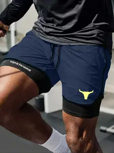 Men's Regular Fit Bull Head Print Quick Drying Breathable Training Shorts, Casual Comfy Gym Workout Shorts for Summer, Men's Bottoms for Indoor Outdoor Wear
