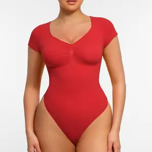 FeelinGirl  #LIVE Women's Short Sleeve Bodysuit for Tummy Control V Neck Seamless Body Suits Thong Going Out Tops
