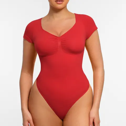 FeelinGirl  #LIVE Women's Short Sleeve Bodysuit Neck Seamless Shapewear Thong Going Out Tops