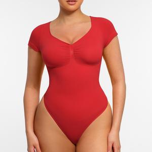 FeelinGirl  #LIVE Women's Short Sleeve Bodysuit Neck Seamless Shapewear Thong Going Out Tops