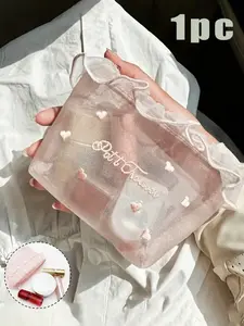 Cute Heart-Shaped Mesh Makeup Bag, Hollow Transparent Design, Embroidered Letter Lace Trim, Portable Cosmetic Storage Pouch, Travel Makeup Pouch