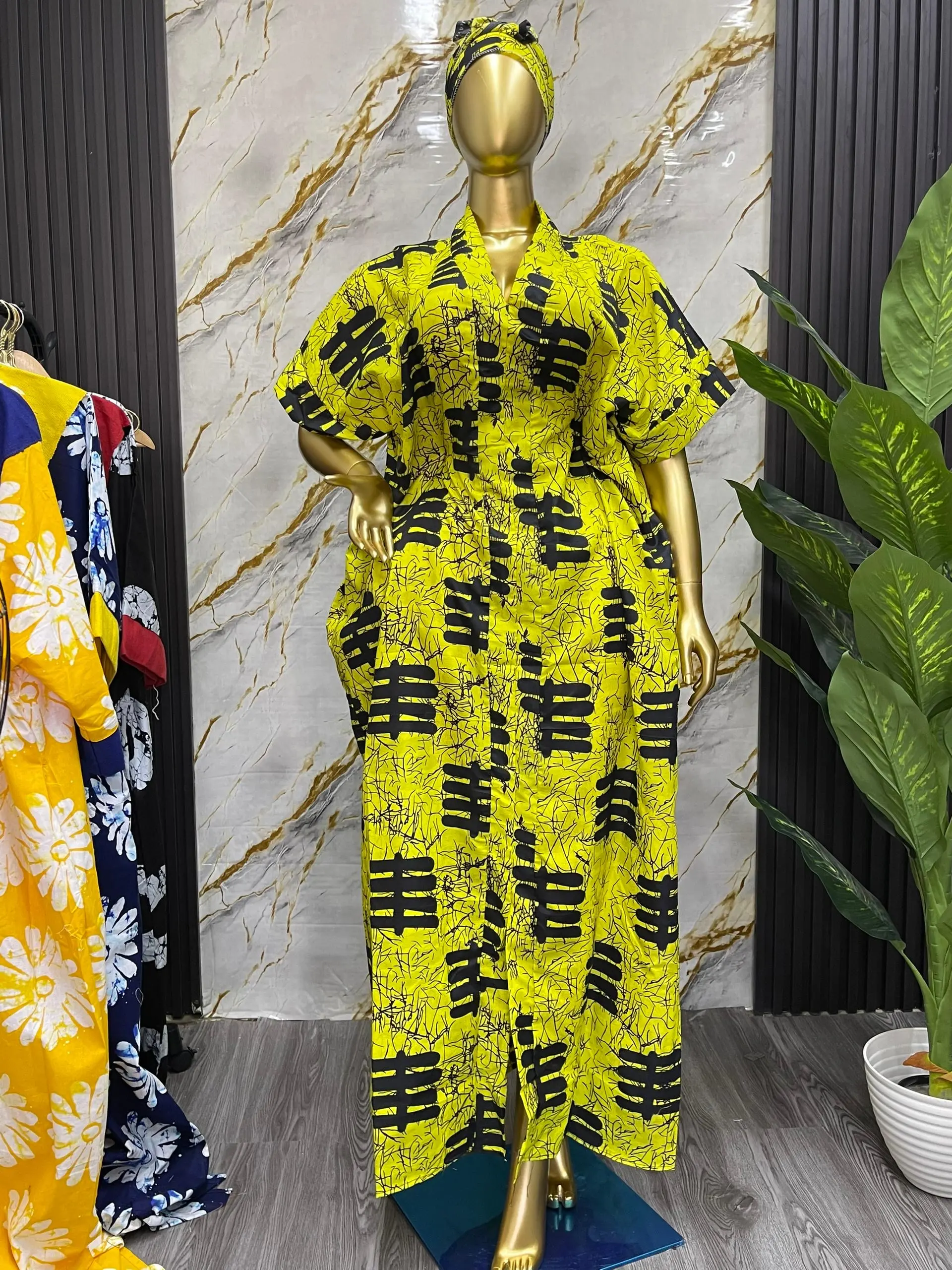 Women's V-Neck Short-Sleeve Ankara Boubou Kaftan - Casual Fabric Dress with Adjustable Inner Tie, 1 Size