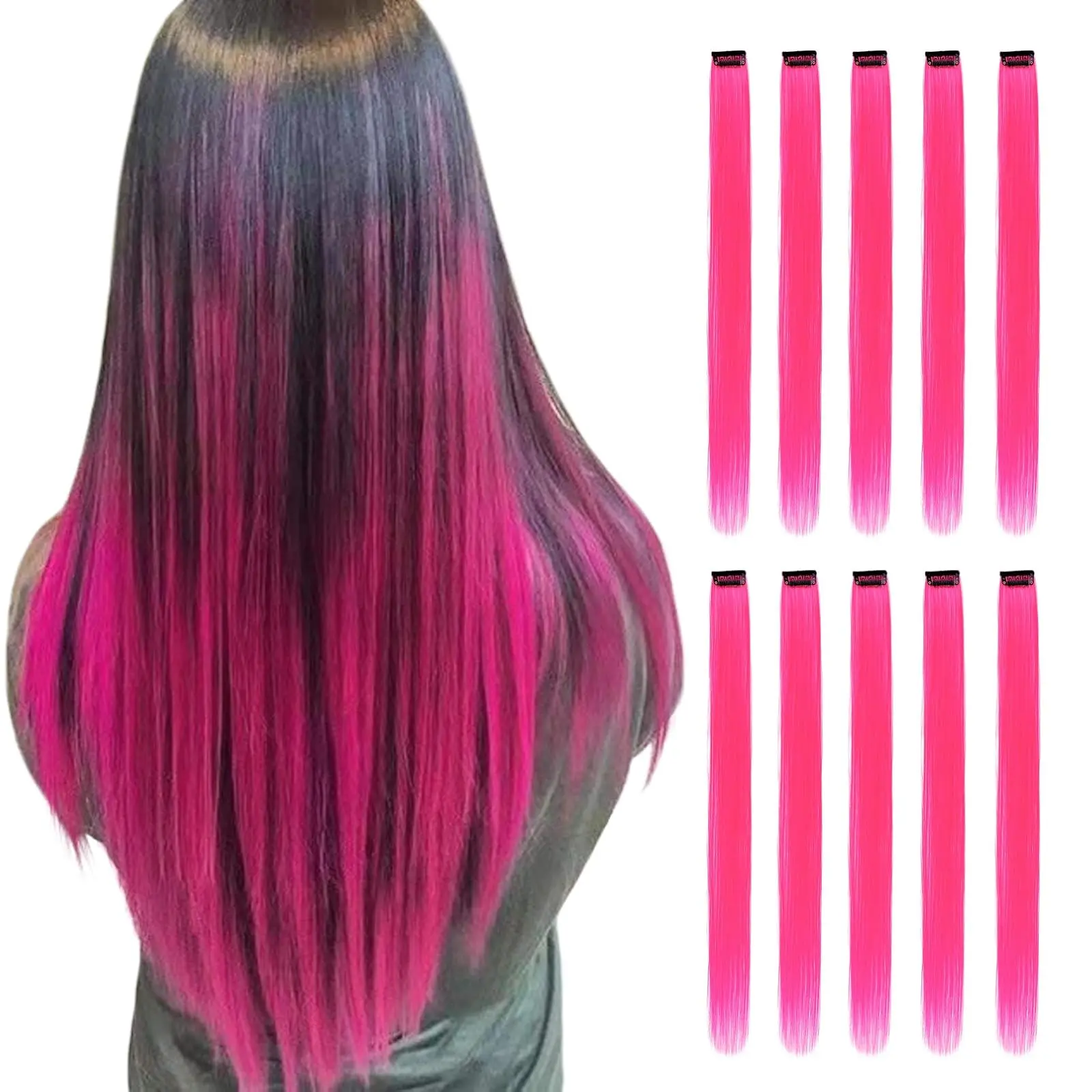 Pink Hair Extensions Clip in 10 Pieces Synthetic Hairpieces